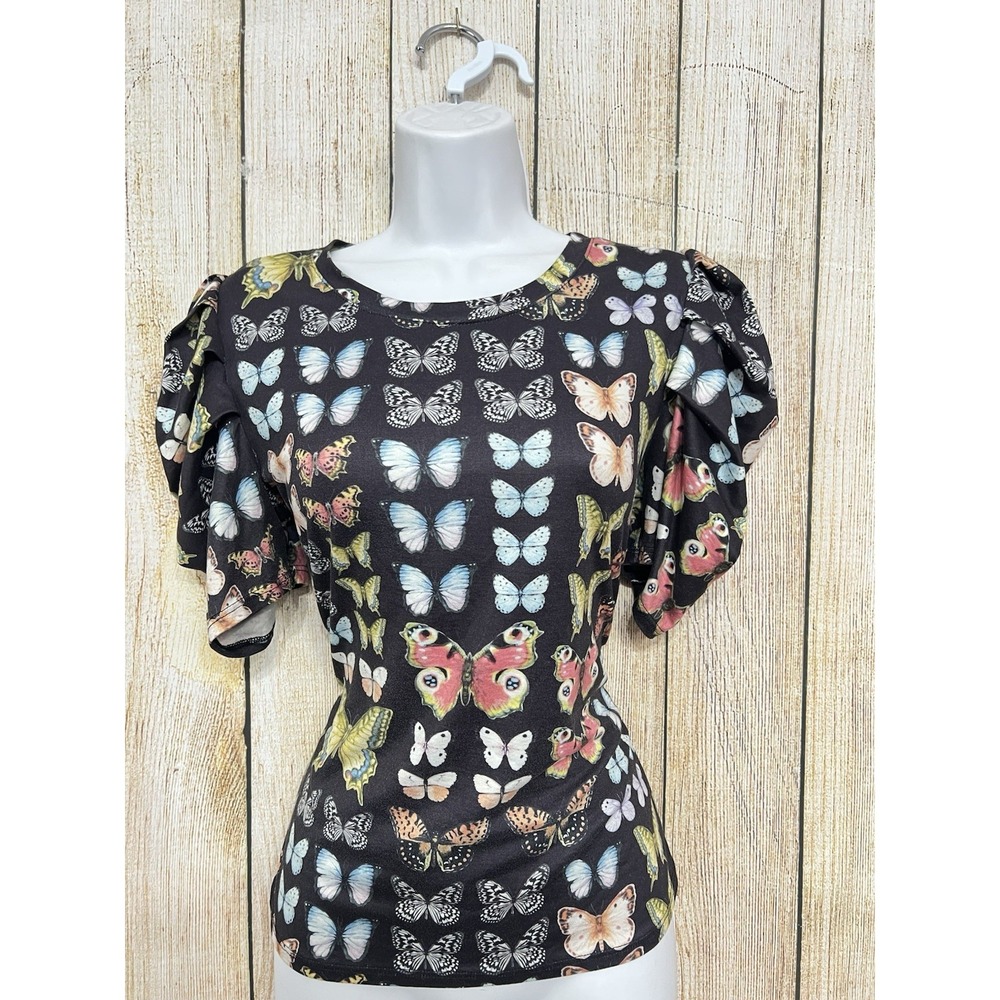 Women Graphic Butterfly Print Top L Puff Sleeve Stretch Y2K Fairy Whimsical Goth - Picture 2 of 8